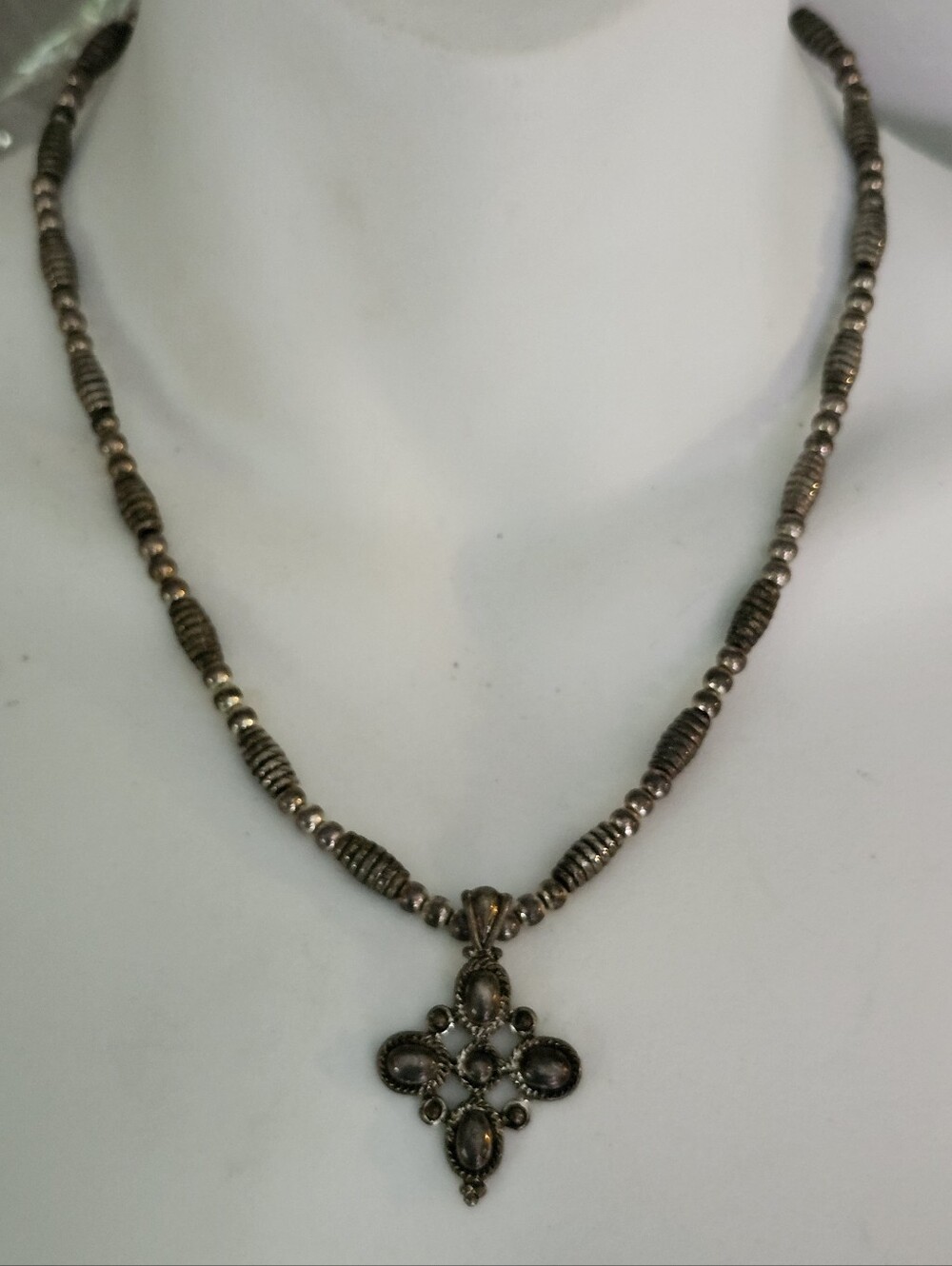 Vtg Napier Silver Tone Spiral Beaded Necklace With Cross Pendant